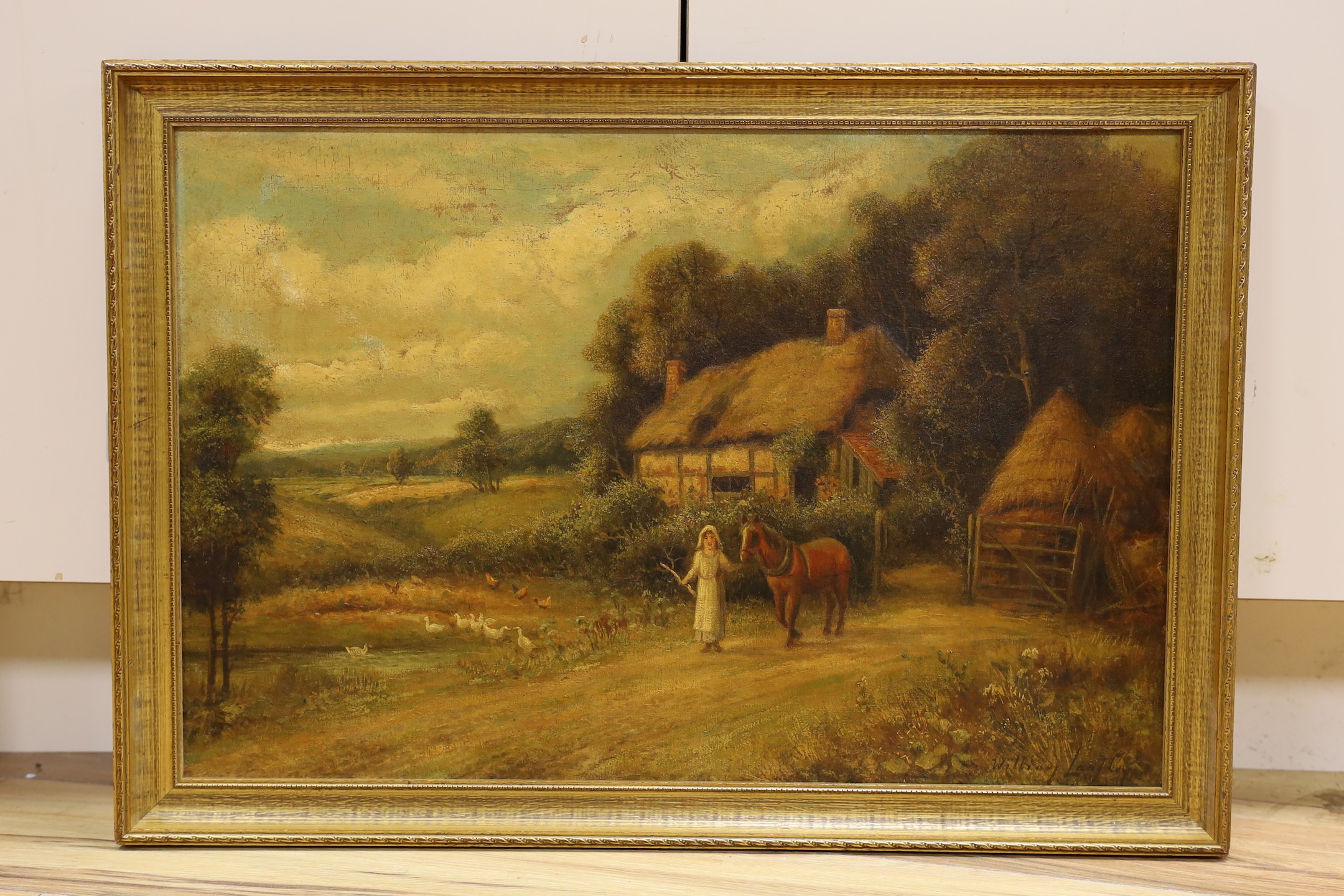 William Langley (1852-1922), oil on canvas, Woman and horse before a thatched cottage, signed, 40 x 60cm